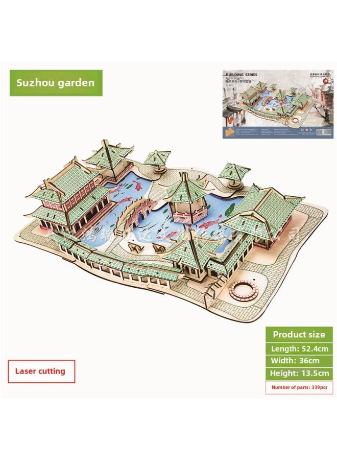 Laser Cutting Ancient Building Model Handmade Three-dimensional Wooden Puzzle Antique Series Toys Wholesale-Color:Suzhou Garden (combined With Laser Board) - Image 1